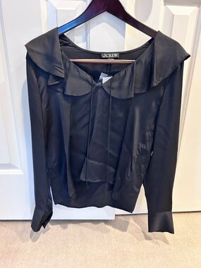 NWT - J.Crew Black Satin Ruffle-Collar Tie Blouse